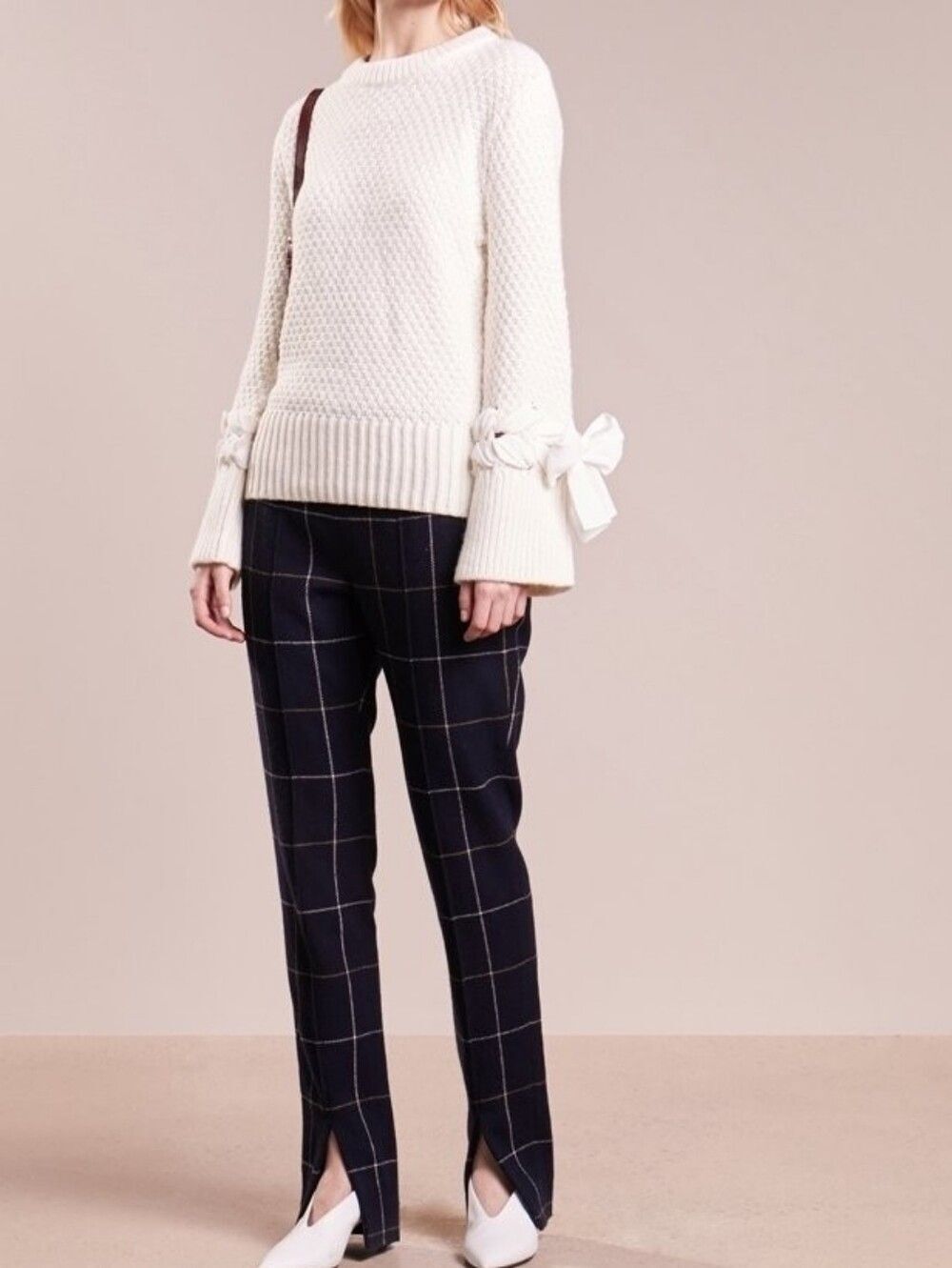 Club Monaco Cream Knit Sweater with Tie-Sleeve Detail